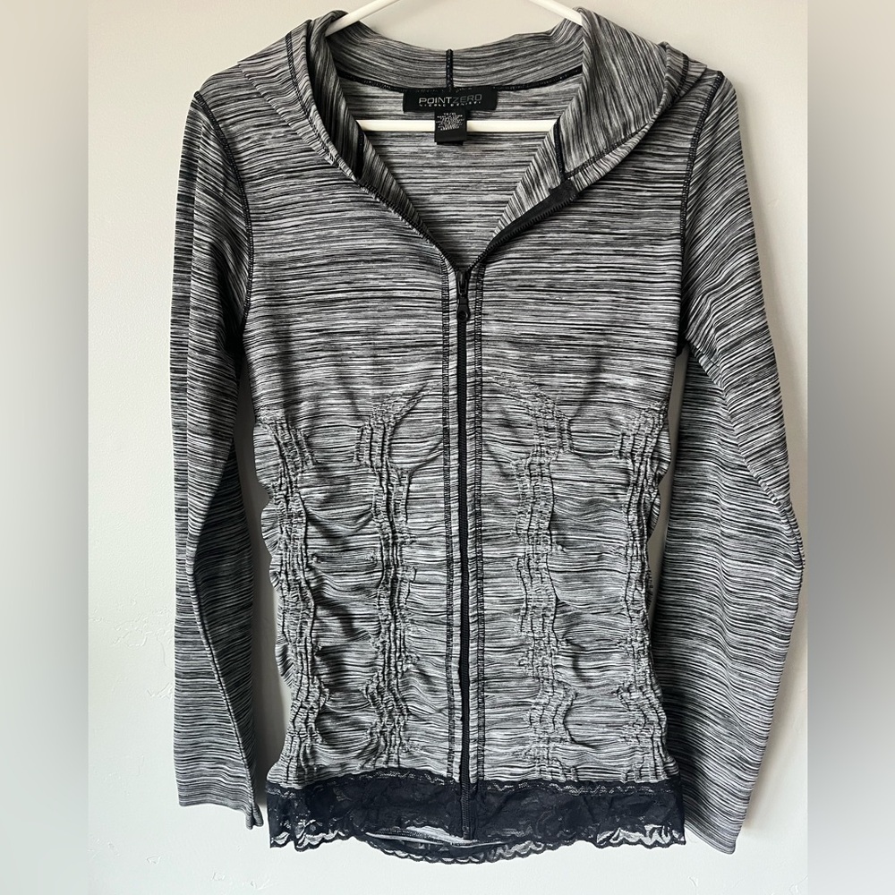 Pointzero Gray Striped Hoodie with Lace Trim